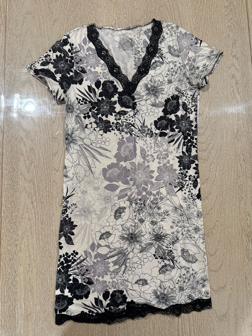 Covington Black & White Floral V-Neck Nightdress with Lace Trim